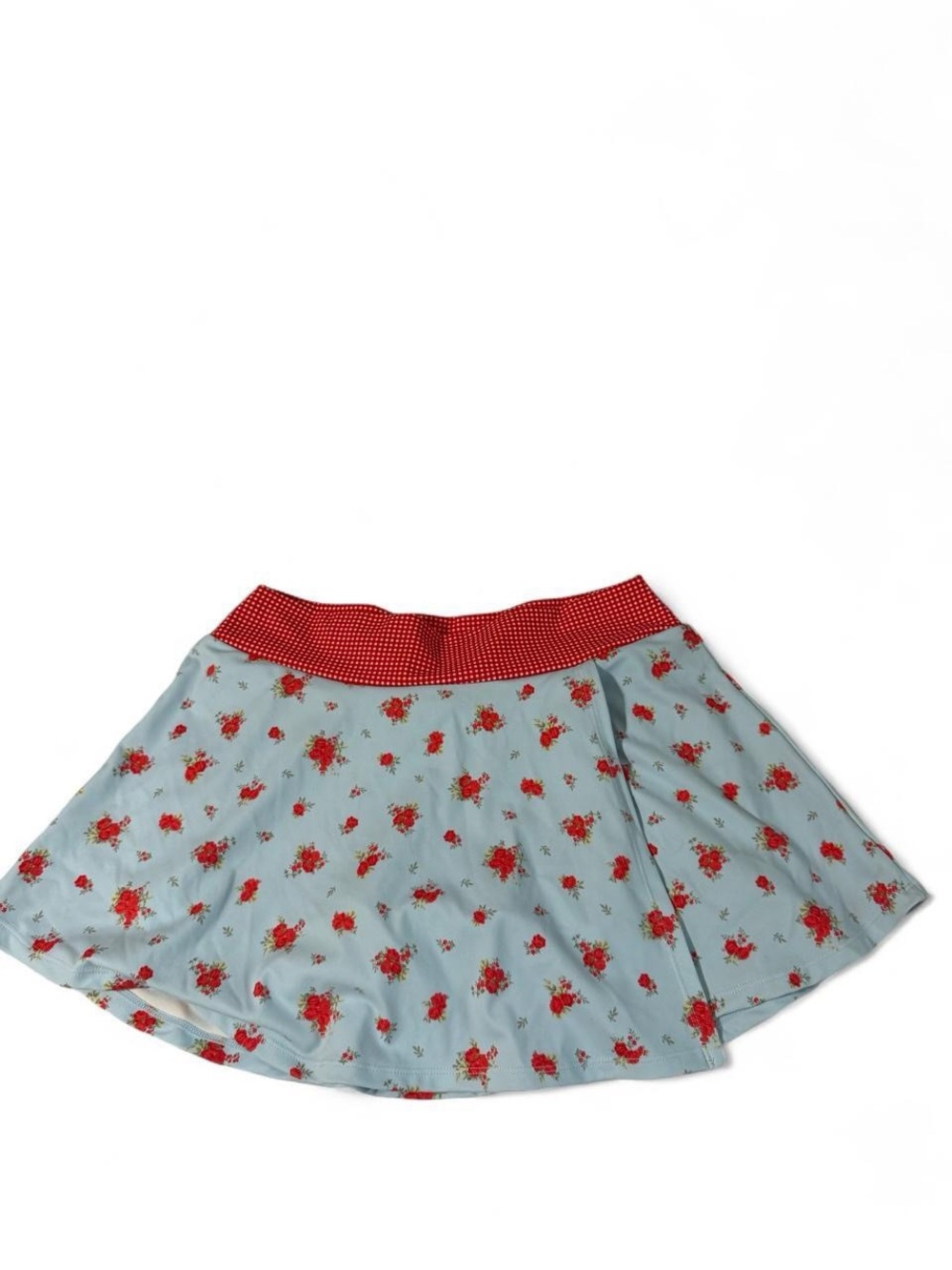 Altar'd State Light Blue Mini Skirt with Red Floral Print and Red Waistband